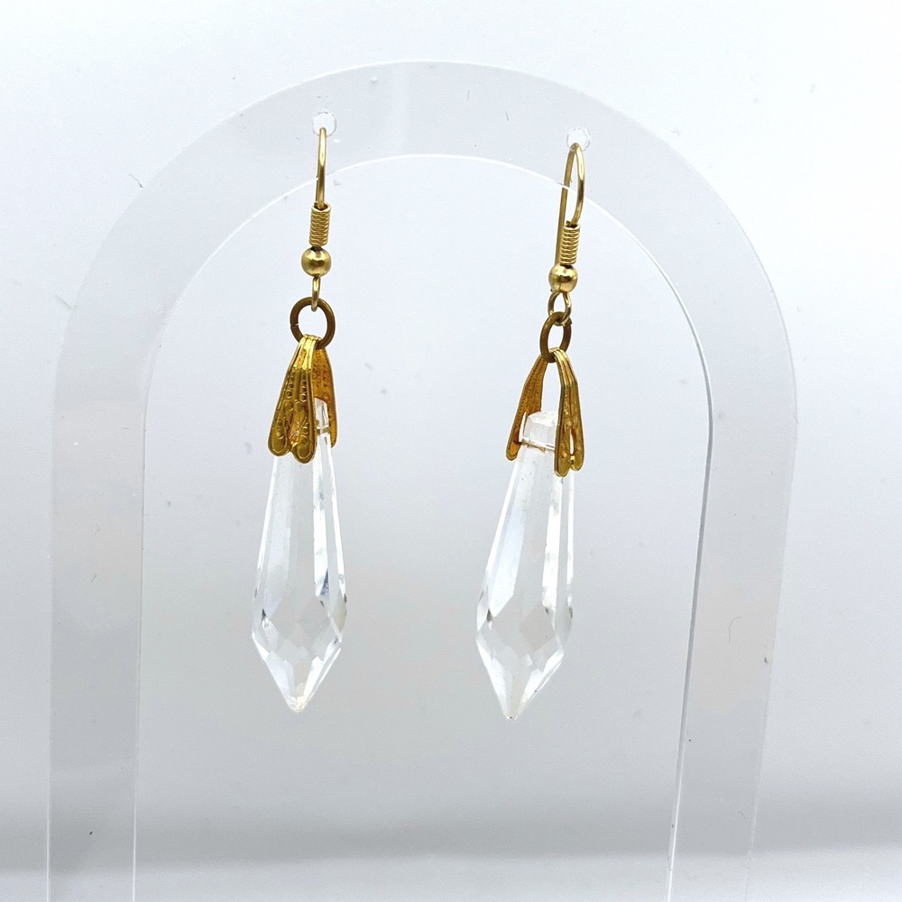 Vintage Gold Tone Clear Faceted Crystal Prism Drop Dangle Earrings 2 Inch